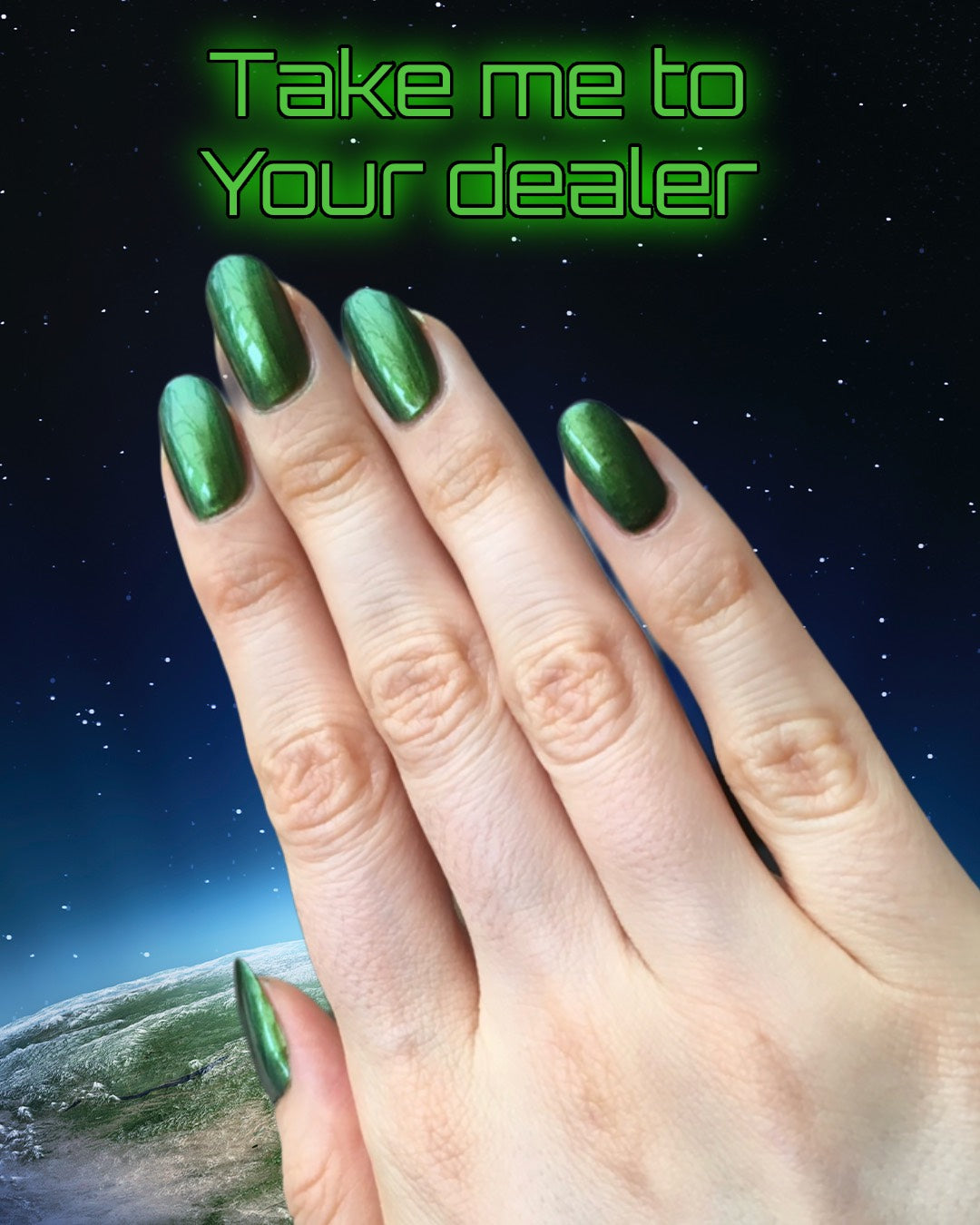 Radioactive Unicorn Take Me To Your Dealer shimmering green liquid look nail polish vegan