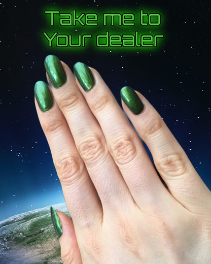 Radioactive Unicorn Take Me To Your Dealer shimmering green liquid look nail polish vegan