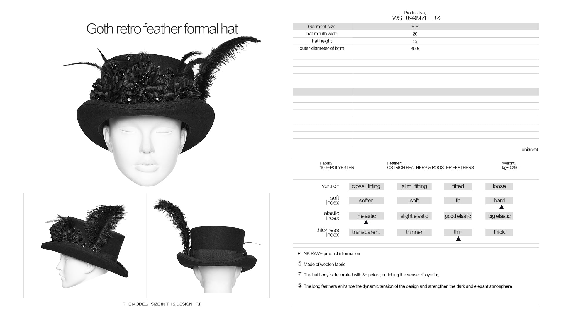 Goth feather formal hat featuring intricate floral embellishments and dramatic feathers for alternative fashion.