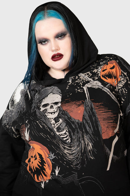 Killstar Scythe Oversized Mens/Unisex Hoody with Pumpkin and Reaper Print - Kate's Clothing