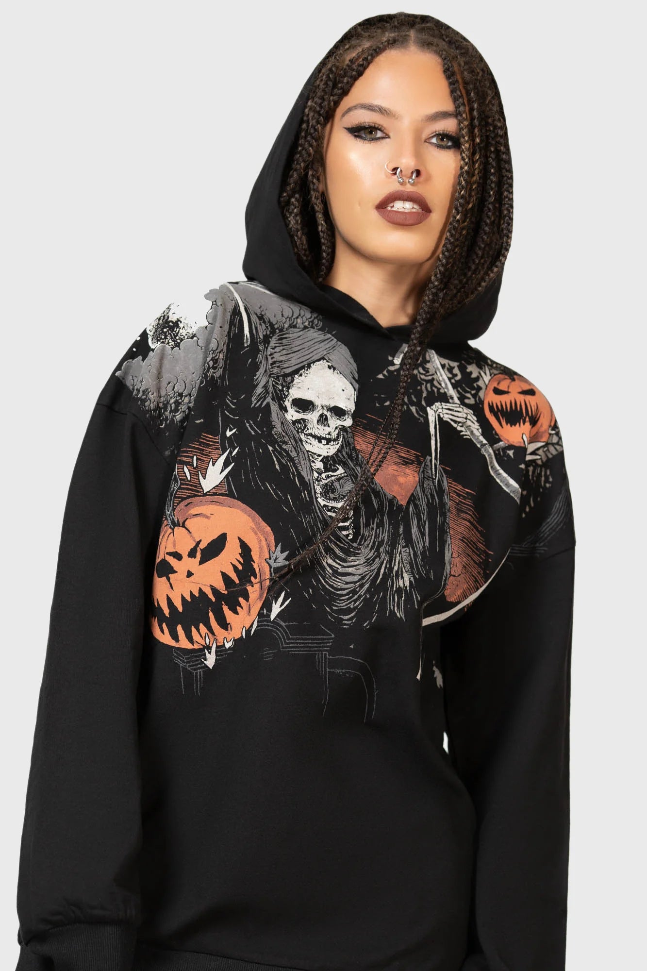 Killstar Scythe Oversized Mens/Unisex Hoody with Pumpkin and Reaper Print - Kate's Clothing