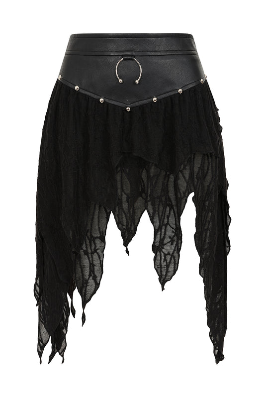 Banned Apparel Luxor Faux Leather & Jagged Knit Skirt in Black