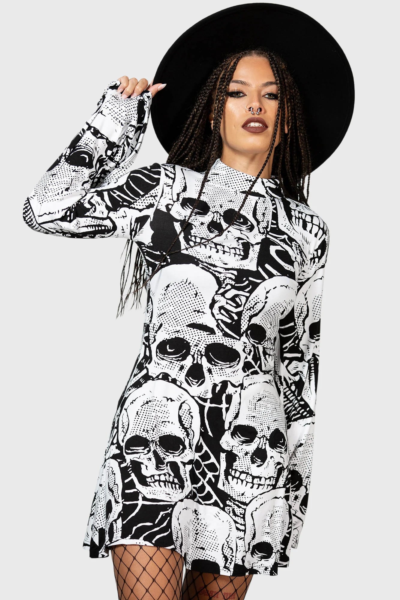 Killstar Skeleton Season Mini Dress with White Skull Print - Kate's Clothing