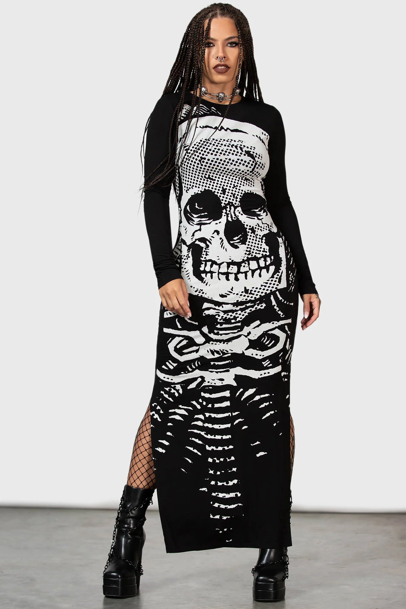 Killstar Spine Chilling Maxi Dress with White Skull Print - Kate's Clothing