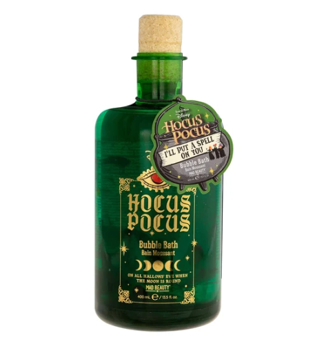 Mad Beauty Hocus Pocus bubble bath, green glass bottle with a cork stopper and gold Disney lettering