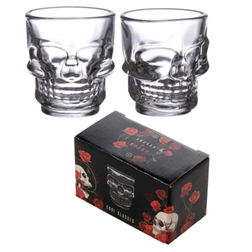 Gothic Gifts Set of 2 Skulls & Roses Skull Shot Glasses - Kate's Clothing
