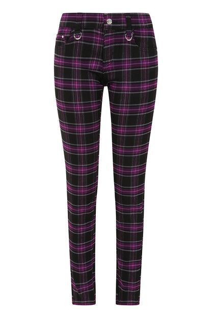 Banned Apparel Forever Yours Low-Rise Skinny Tartan Trousers in Purple