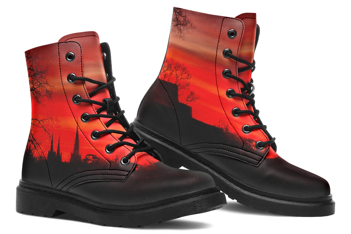 Ember Hour Boots – cathedral spires against a ruby sunset