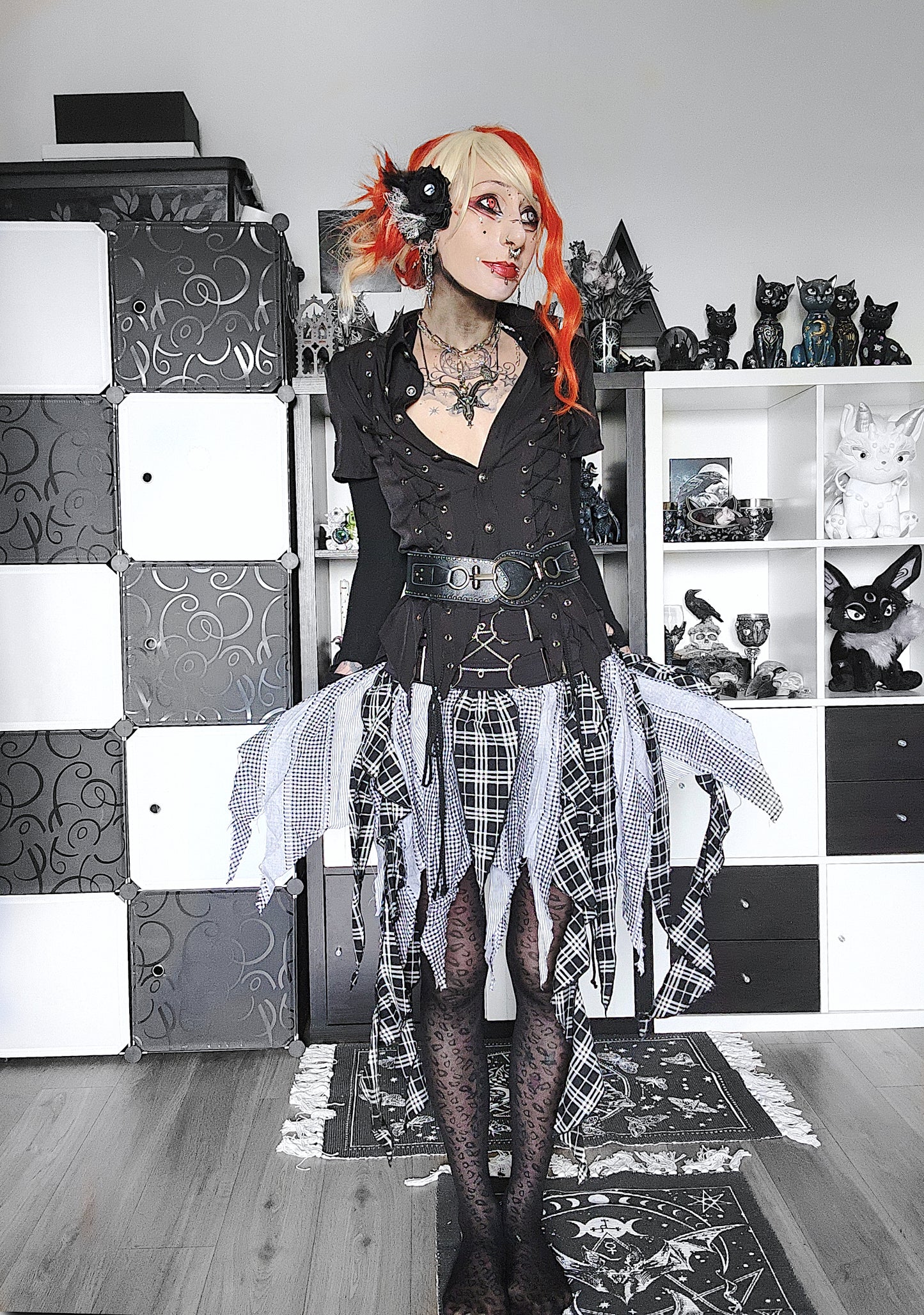 Valentinescorpse wearing Dark in Love Alternative Skirt and Shirt in monochrome room