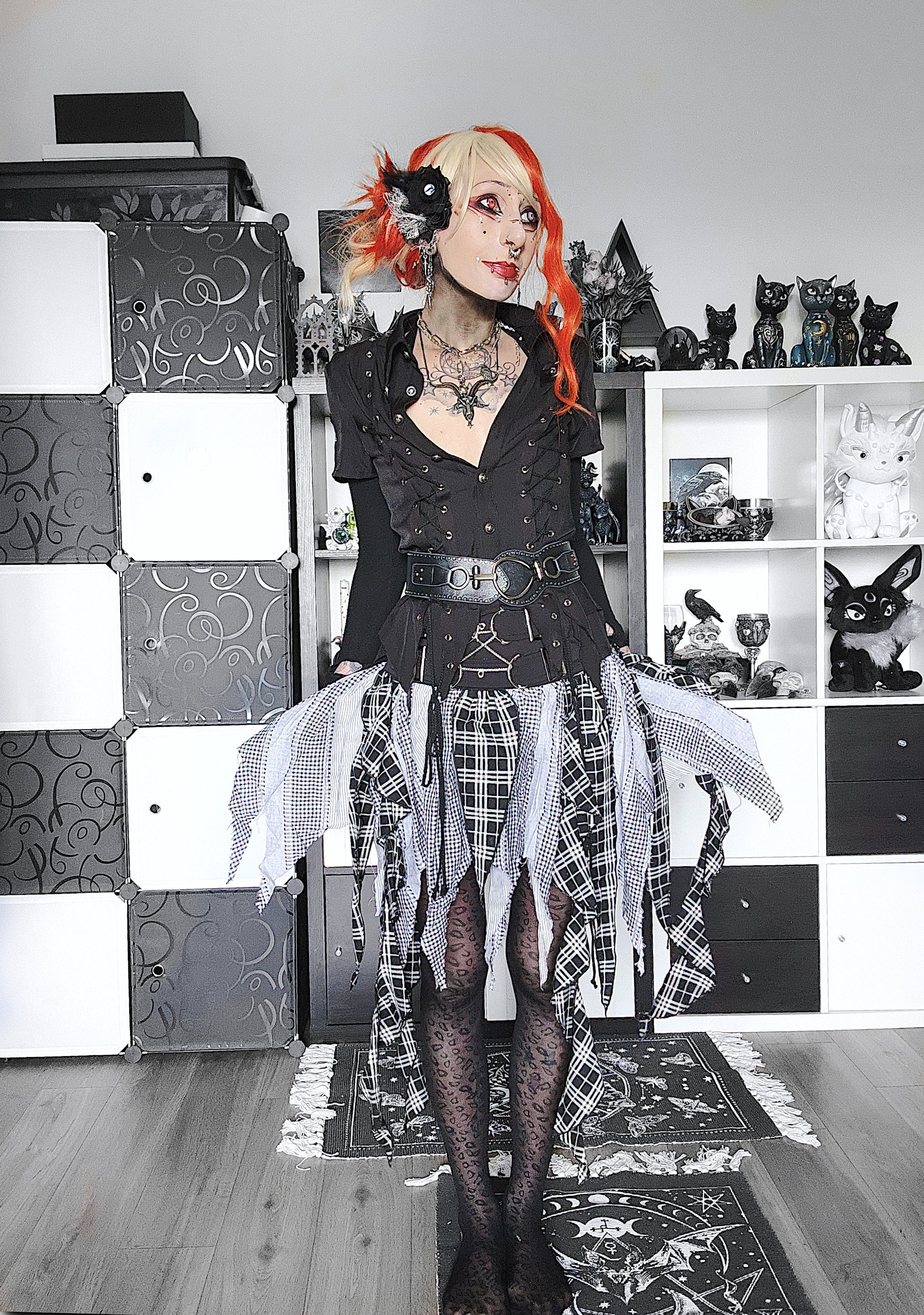 Valentinescorpse wearing Dark in Love Alternative Skirt and Shirt in monochrome room