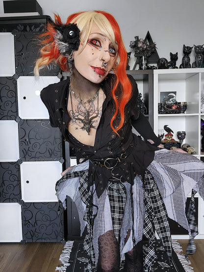Valentinescorpse leaning forward  wearing Dark in Love Alternative Skirt and Shirt in monochrome room