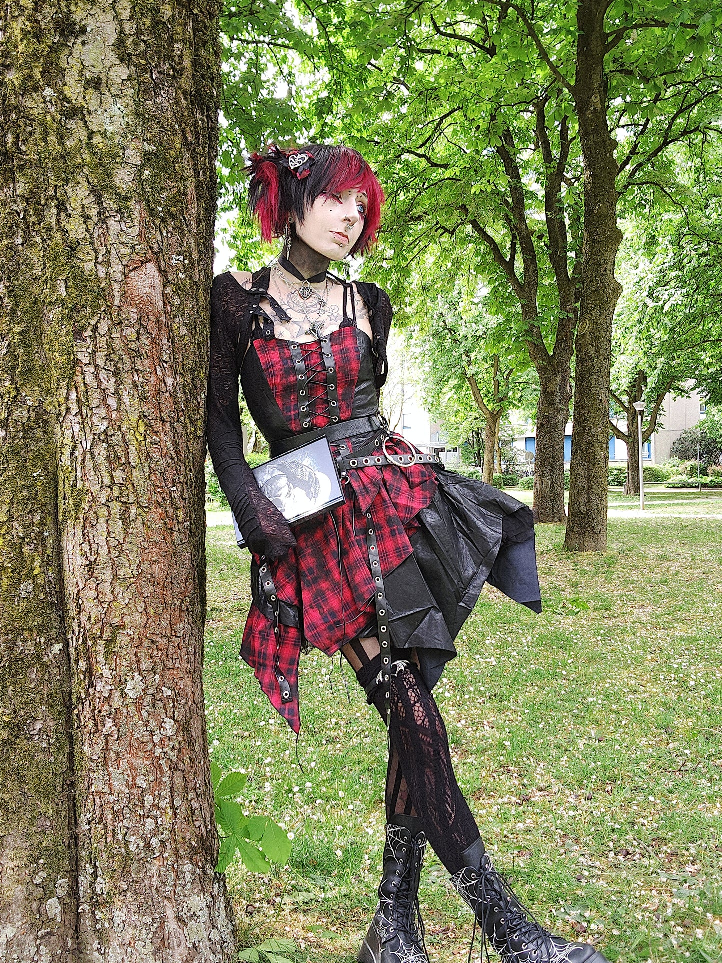 Valentinescorpse wearing Dark in Love Red Tartan Corset Punk Dress with Handkerchief Skirt
