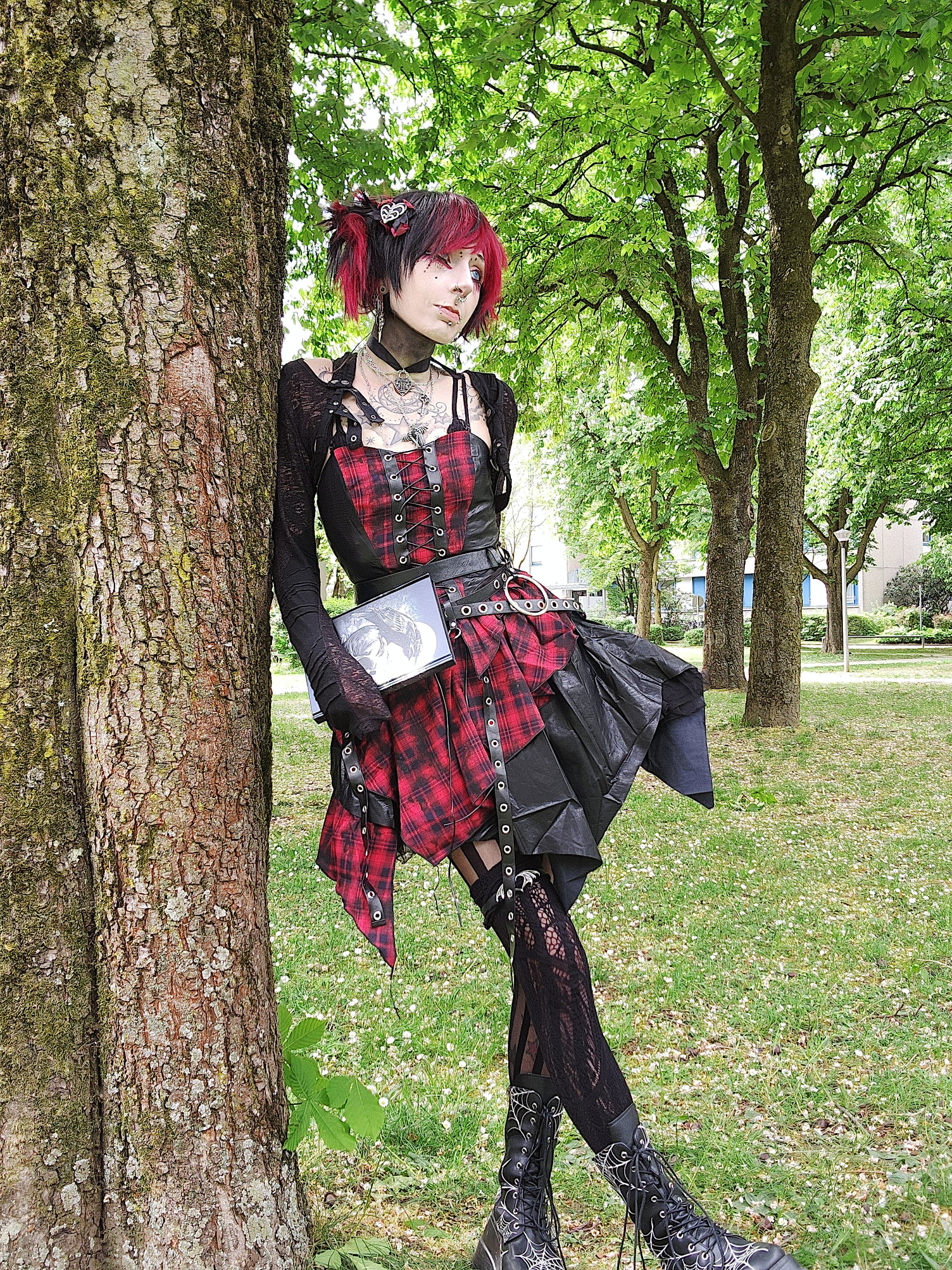 Valentinescorpse wearing Dark in Love Red Tartan Corset Punk Dress with Handkerchief Skirt