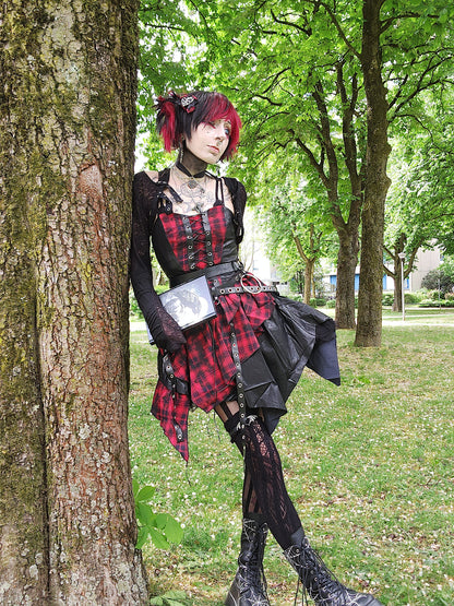 Valentinescorpse wearing Dark in Love Red Tartan Corset Punk Dress with Handkerchief Skirt