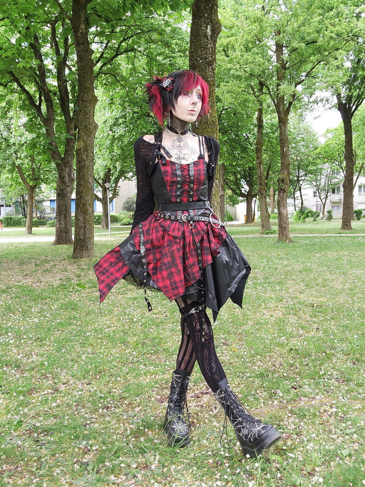Valentinescorpse wearing Dark in Love Red Tartan Corset Punk Dress in a park