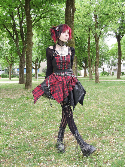 Valentinescorpse wearing Dark in Love Red Tartan Corset Punk Dress in a park