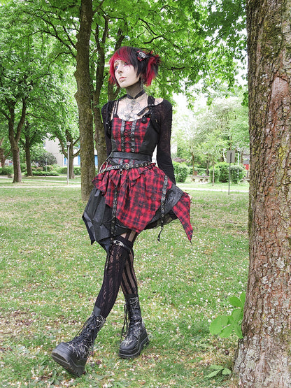 Valentinescorpse wearing Dark in Love Red Tartan Corset Punk Dress a park setting
