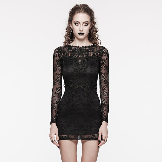 Punk Rave Theia Lacey Gothic Mini Dress with Feature Neckline
