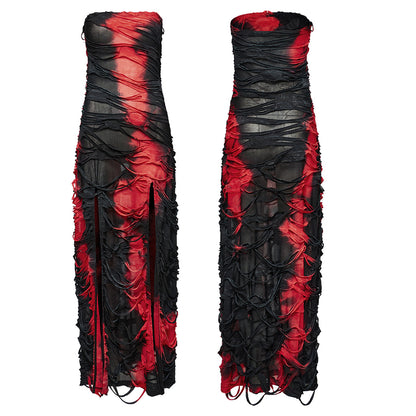 Punk Rave Ebril Red and Black Distressed Look Maxi Dress