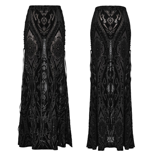 Punk Rave Konstantina Burnout Velvet Maxi Skirt with Velvet Ribbon Lacing - Kate's Clothing