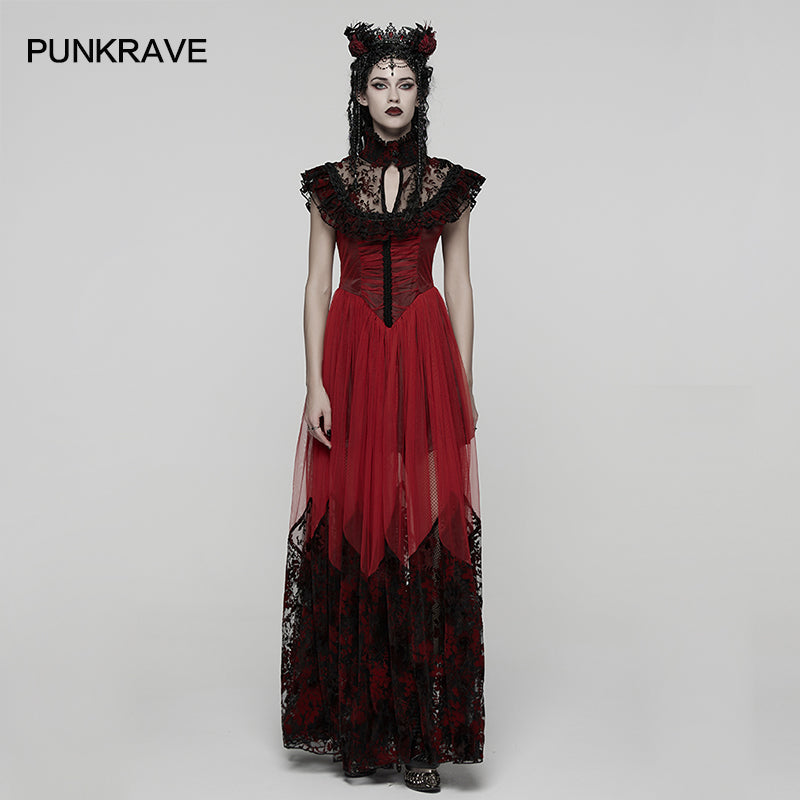 Punk Rave Gothic Flying Sleeve Dress Red Mesh Lace Corset Maxi Gown Punk Rave Gothic Flying Sleeve Dress Red Mesh Lace Corset Maxi Gown