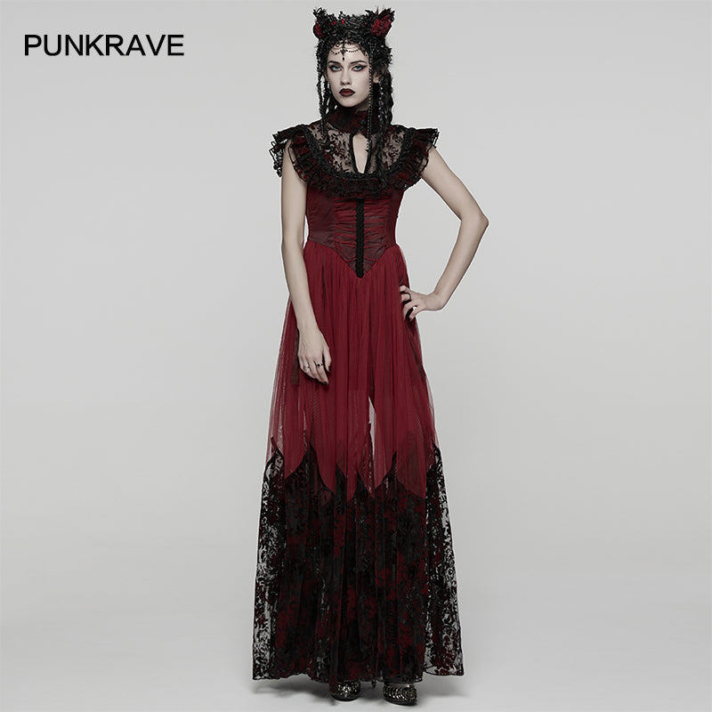 Model wearing a gothic-style dress with lace details on a plain background, branded 'Punkrave'.
