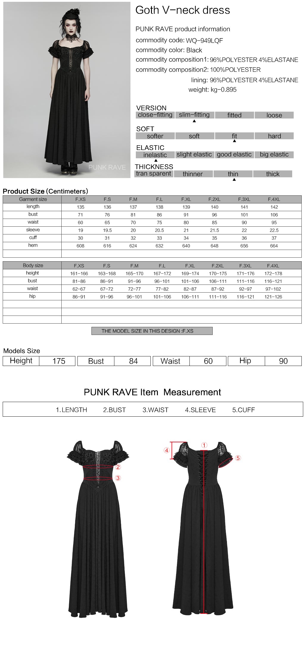 Goth maxi dress product details and sizing chart for Punk Rave Lilith V-Neck dress, showcasing gothic style and elegance.