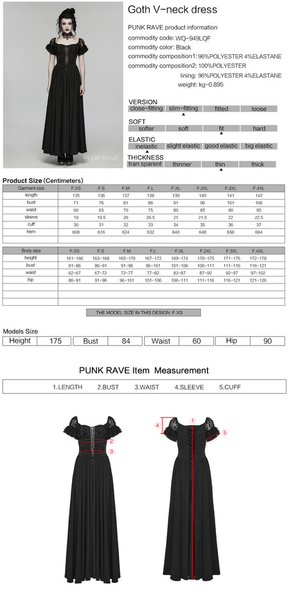 Goth maxi dress product details and sizing chart for Punk Rave Lilith V-Neck dress, showcasing gothic style and elegance.