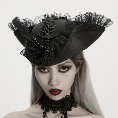 Punk Rave Goth Pirate Hat front view with lace and cross