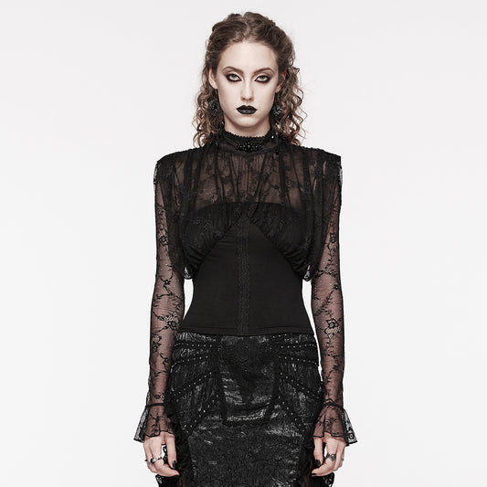 Punk Rave Bellona Lacey Gothic Top with Beaded Collar - Kate's Clothing