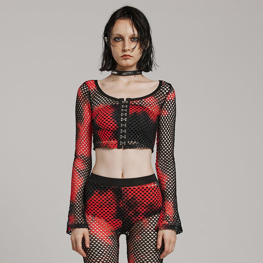 Punk Rave Long Sleeve Cropped Mesh Keoni Top in Red - Kate's Clothing
