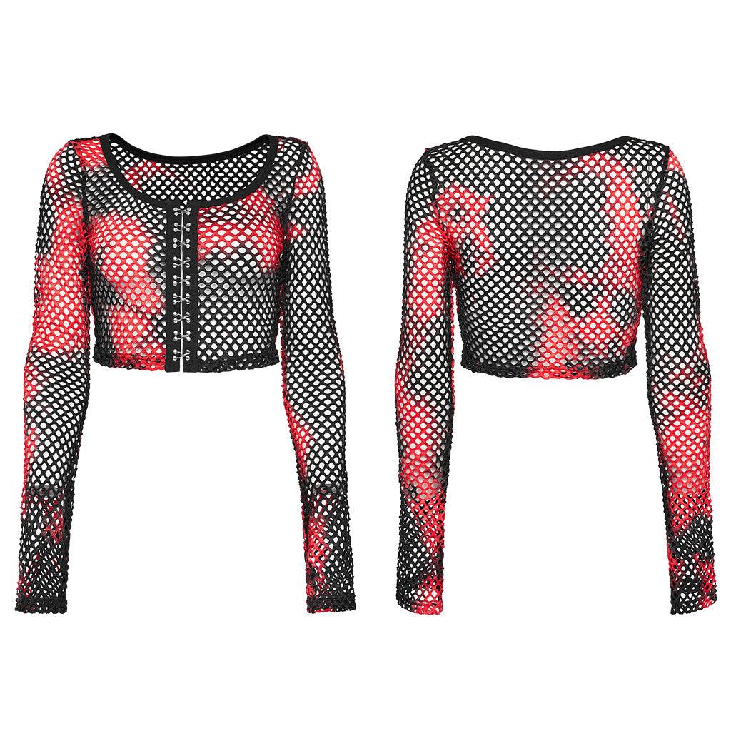 Punk Rave Long Sleeve Cropped Mesh Keoni Top in Red - Kate's Clothing