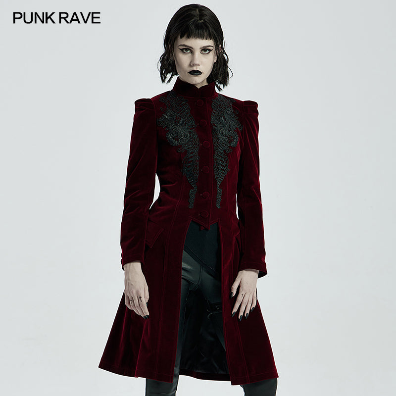 Punk Rave Nerezza Goth Mid-Length Embroidered Velvet Coat in Red