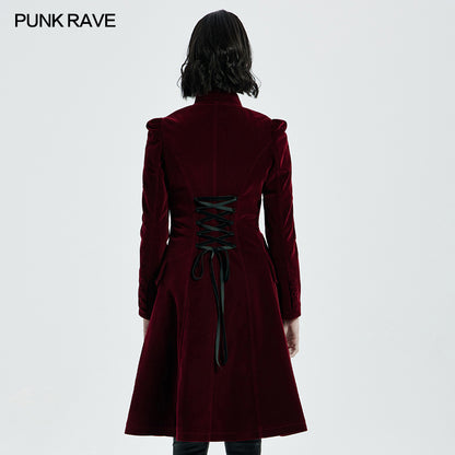 Punk Rave Nerezza Goth Mid-Length Embroidered Velvet Coat in Red