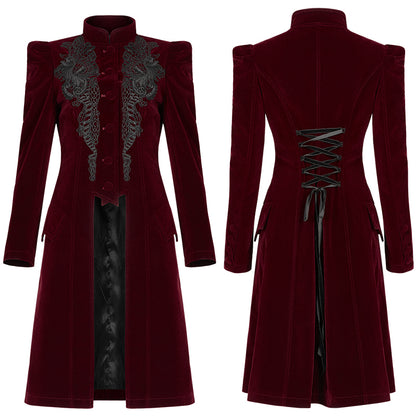 Punk Rave Nerezza Goth Mid-Length Embroidered Velvet Coat in Red