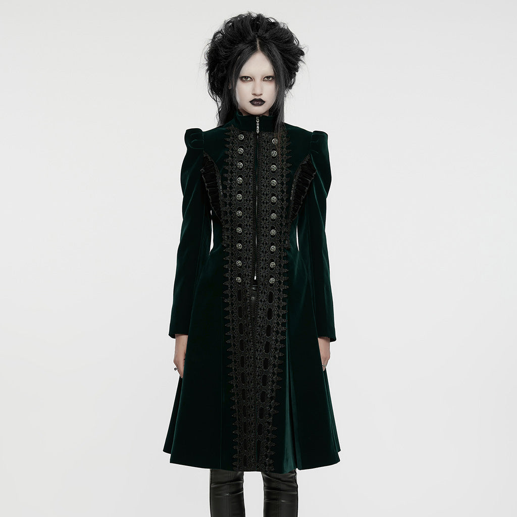 Punk Rave Aviara long dark green velvet gothic coat worn by model front view