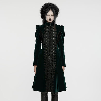 Punk Rave Aviara long dark green velvet gothic coat worn by model front view