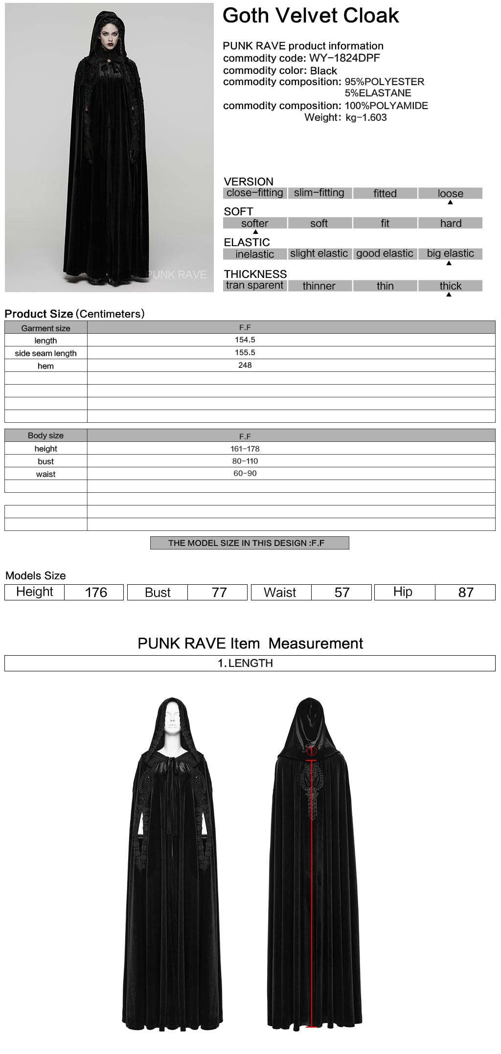 Punk Rave Goth Velvet Cloak – Black