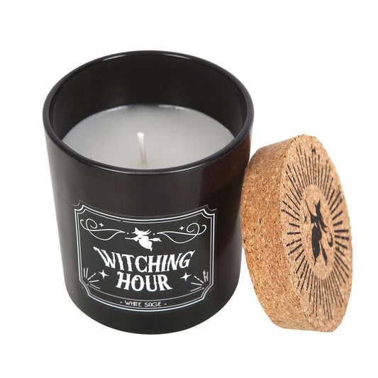Gothic Gifts Witching Hour White Sage Candle shown with it's lid off