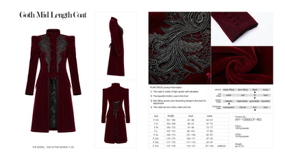Punk Rave Nerezza Goth Mid-Length Embroidered Velvet Coat in Red
