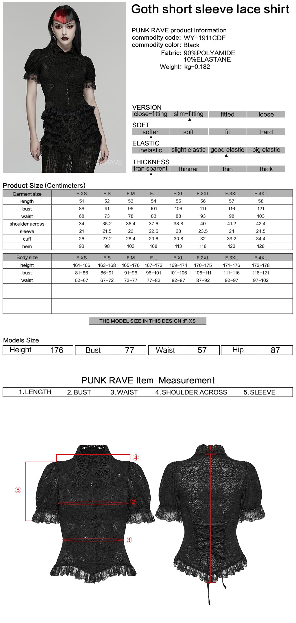 Lace goth shirt size chart and details for the Punk Rave Elara short sleeve top, showcasing gothic elegance.