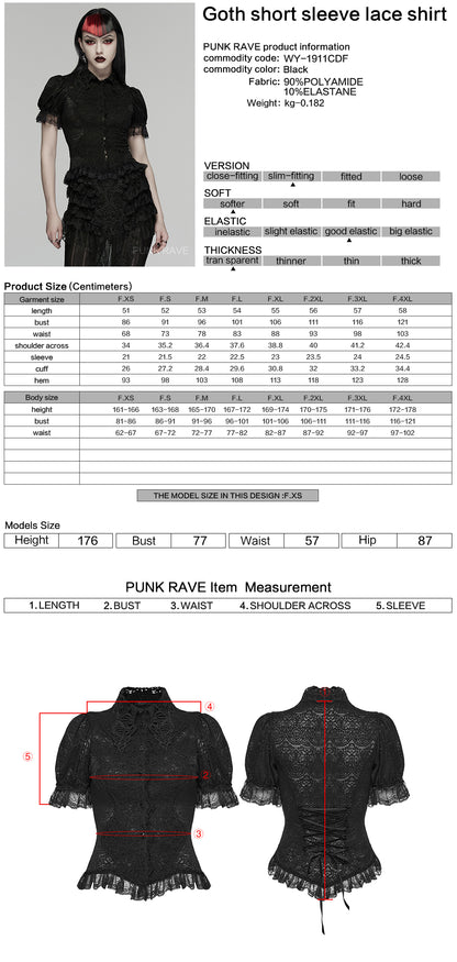 Lace goth shirt size chart and details for the Punk Rave Elara short sleeve top, showcasing gothic elegance.