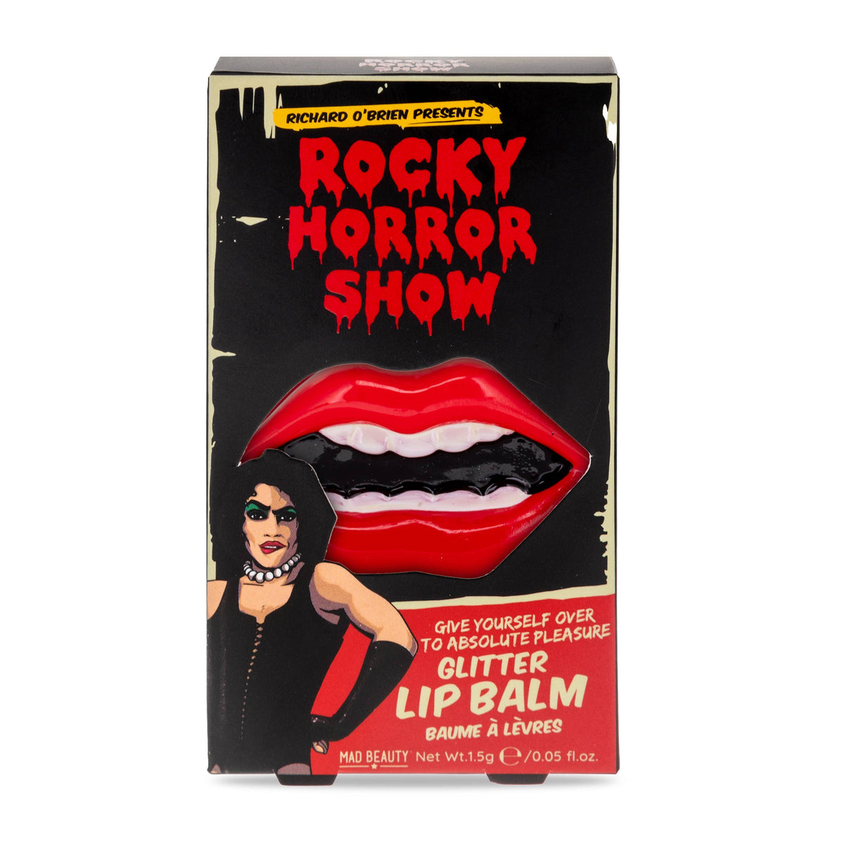 Mad Beauty Rocky Horror Show glitter lip balm box, with the lip-shaped case in front