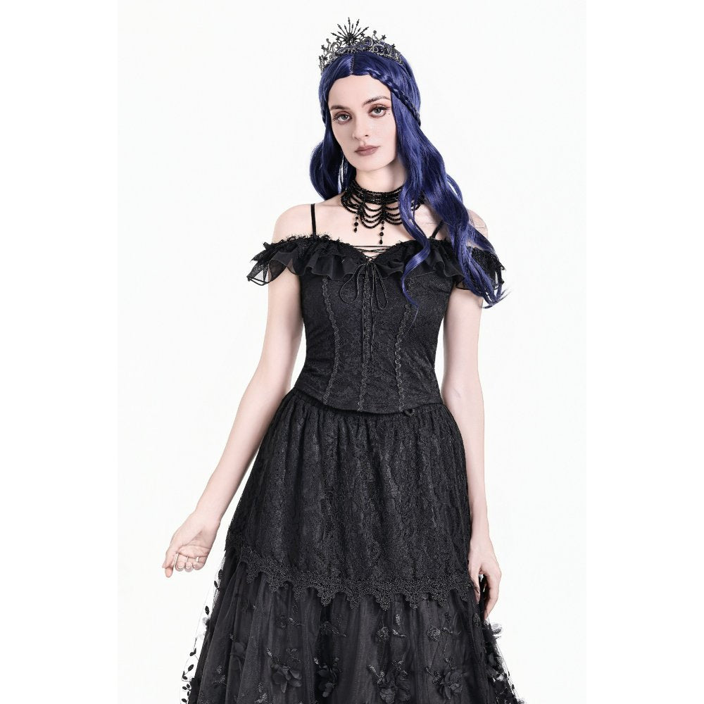 Dark in Love Nocturne Ruffled Lace Cold-Shoulder Top