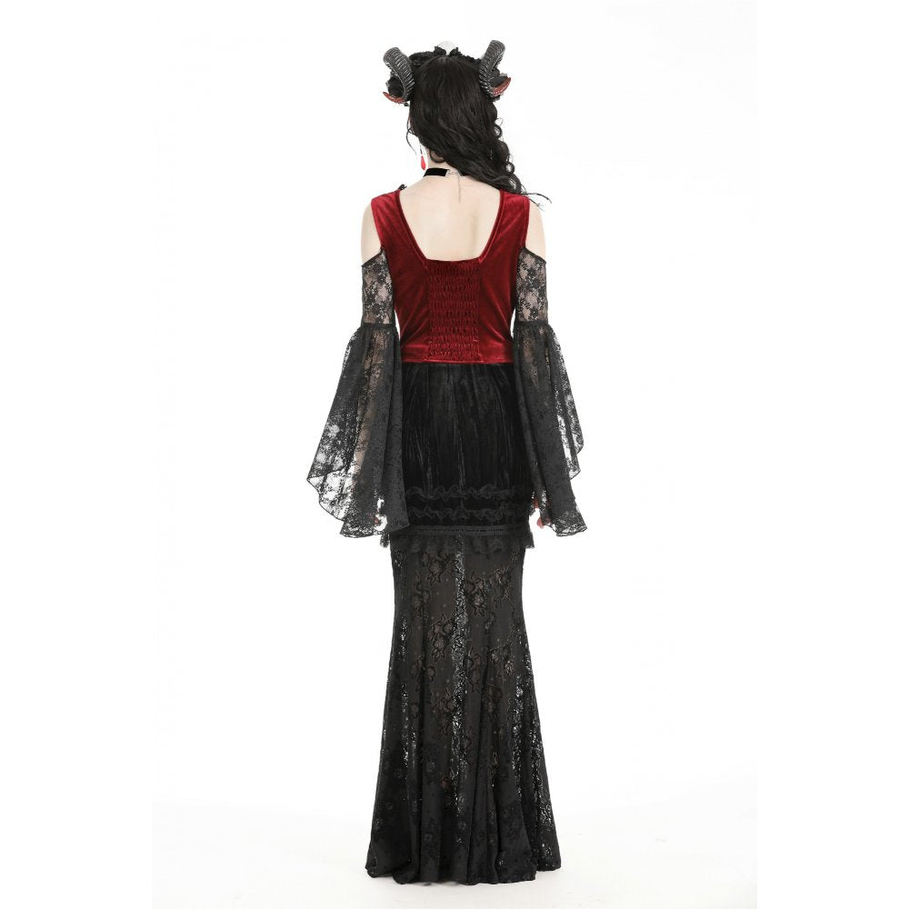 Dark in Love Delancy Gothic Black and Red Velvet Cold Shoulder Top - Kate's Clothing