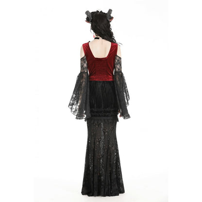 Dark in Love Delancy Gothic Black and Red Velvet Cold Shoulder Top - Kate's Clothing
