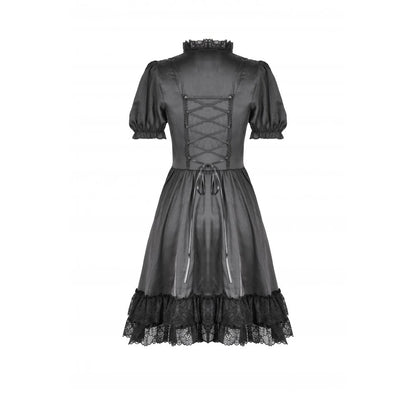 Dark in Love Belladonna Lace-Up High Collar Puff Sleeve Goth Dress  in Black