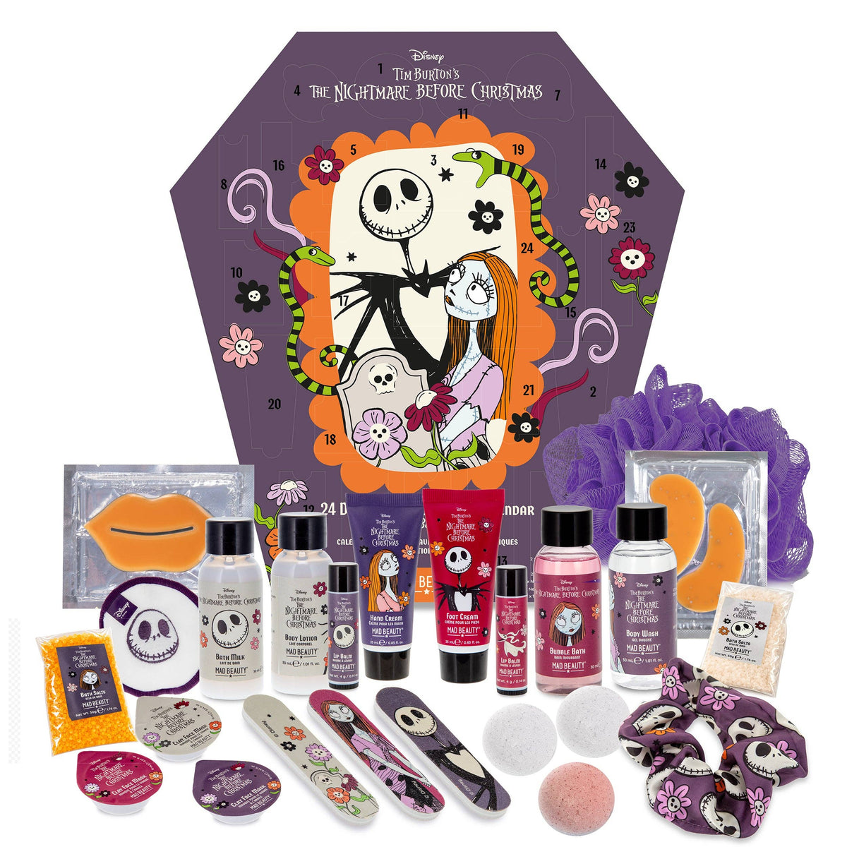 Mad Beauty Nightmare Before Christmas advent calendar, coffin-shaped box with Jack Skellington and Sally artwork, shown with the full range of products laid out in front