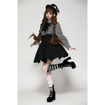Dark in Love Elsbeth Gothic Lolita Striped Blouse with Skull Pendant Collar - Kate's Clothing