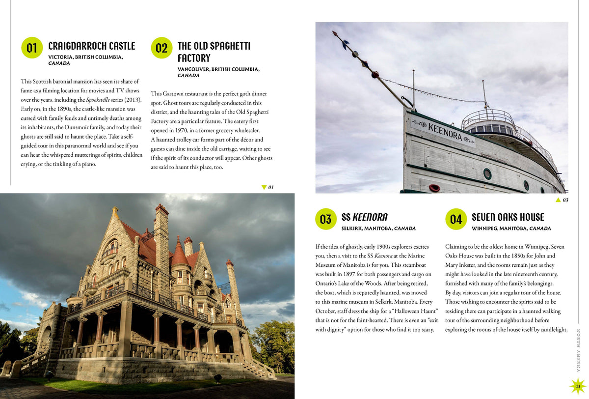 Inside spread with photos of a towered building and an ornate house, beside columns of text.
